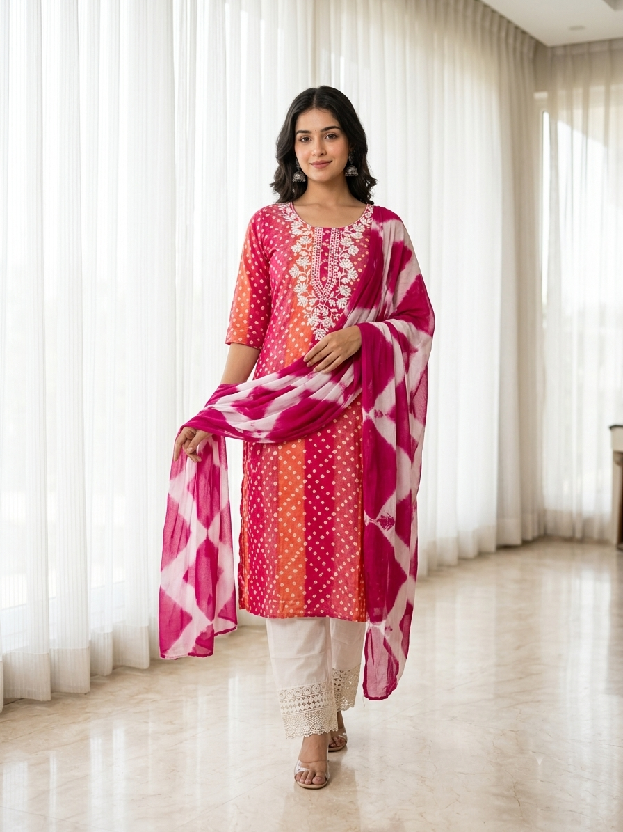 Rani Pink Tie-Dye Mercerized Cotton Kurta Set with Lace-Detail Pants & Plain Chiffon Dupatta
