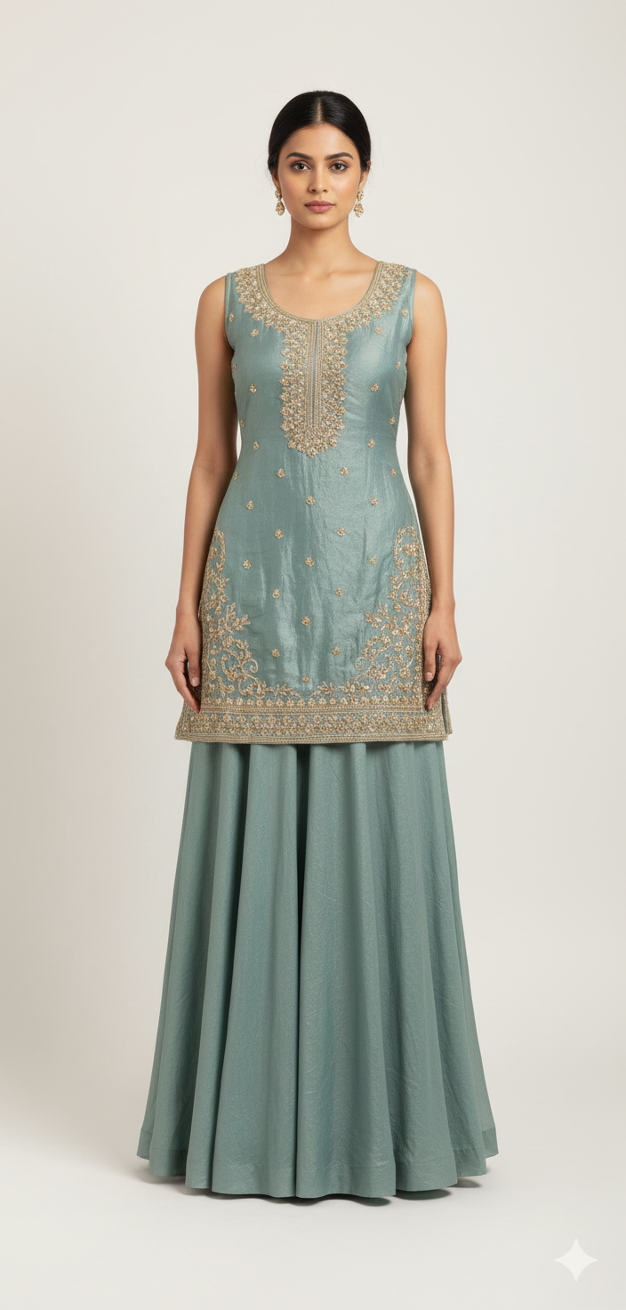 Elegant Mint Green Art Silk Blend Lehenga Set with Intricate Handwork