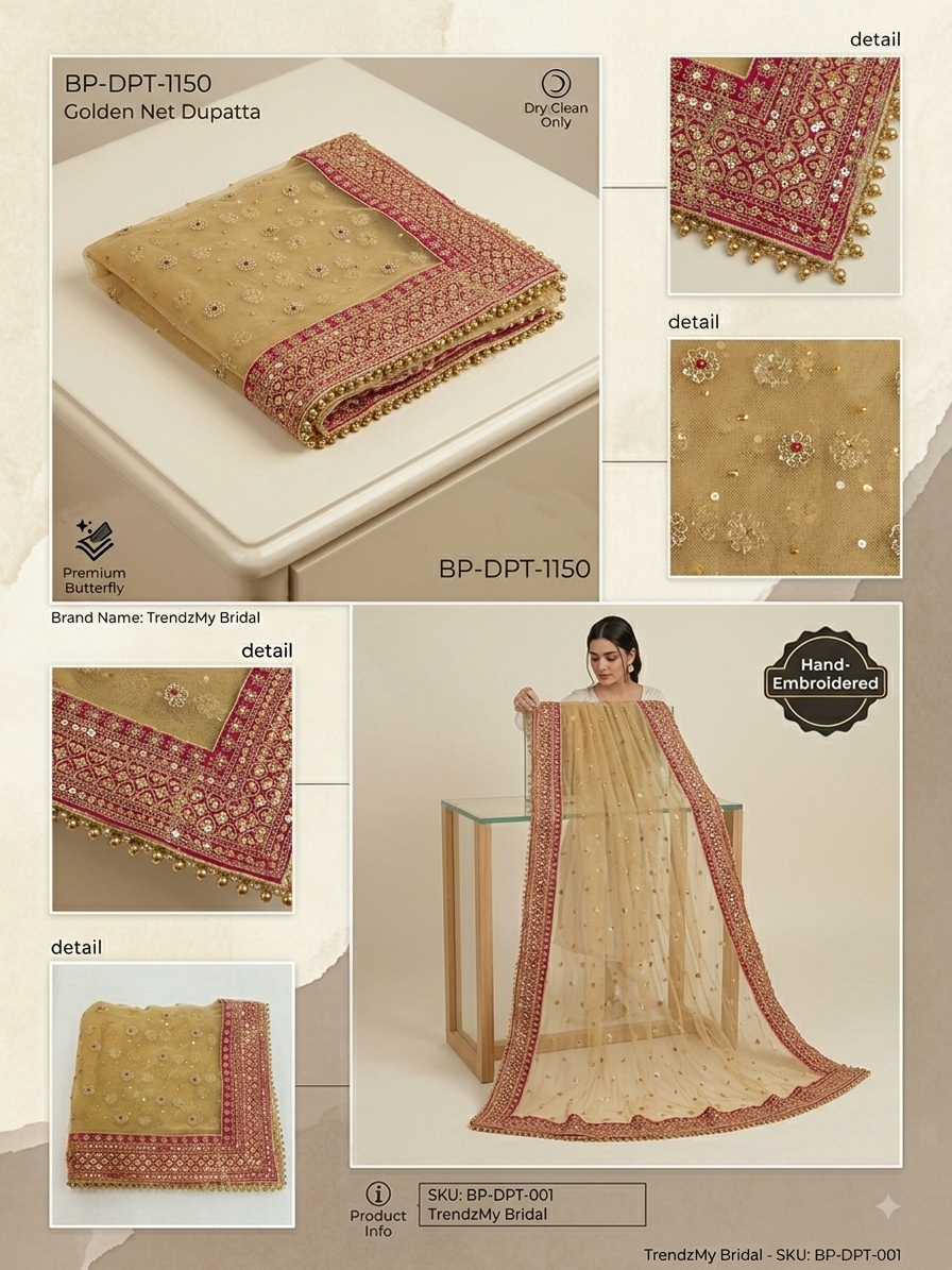 Luxe Golden Net Bridal Dupatta with Rani Pink Velvet Border