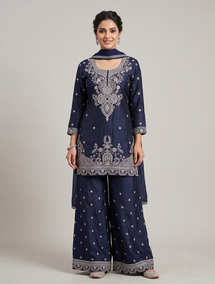Premium Navy Blue Silk Kurta Palazzo Set with Intricate Silver Zari Embroidery and Dupatta (3-Piece Set)