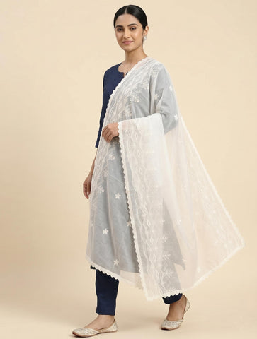 Elegant Cream (Cora )Pure Cotton Dupatta with Off White Thread Embroidery and Lace Border