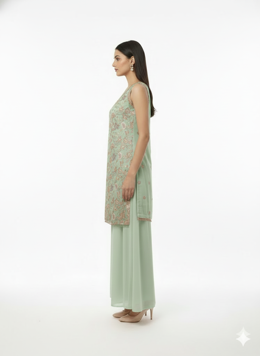 Pista Green Georgette Kurta Palazzo Set-FREE SIZE
