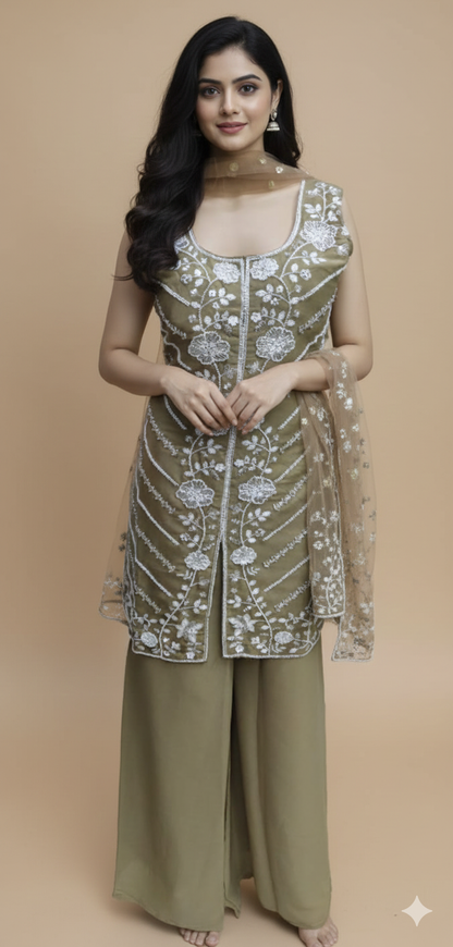 Olive Green Chinon Hand Work Kurta & Palazzo Set