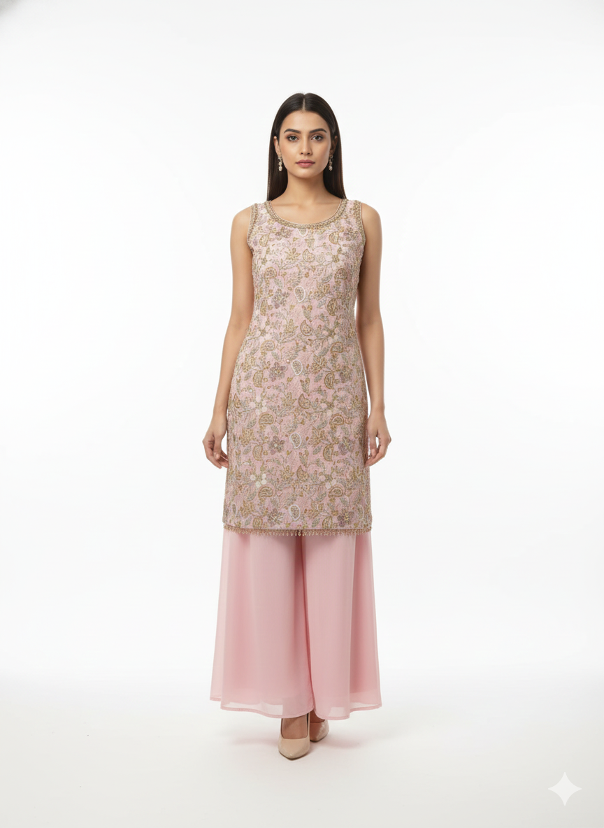 Baby Pink Georgette Kurta Palazzo Set-FREE SIZE