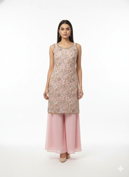 Baby Pink Georgette Kurta Palazzo Set-FREE SIZE (Copy)