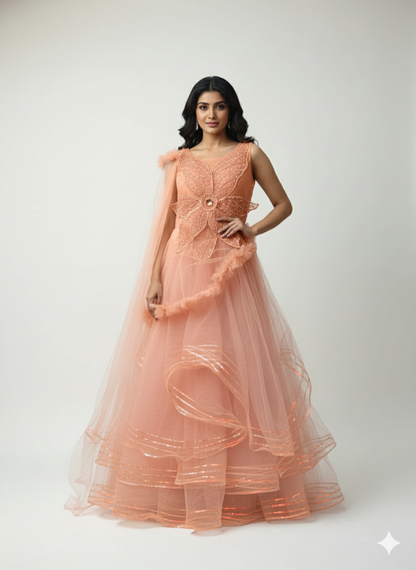 Ethereal Peach Net Tiered Gown with Attached Cascade Dupatta