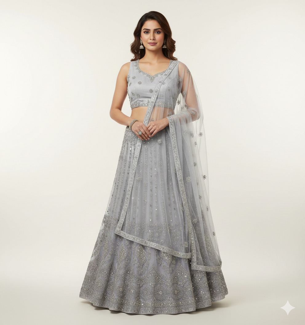 Chic Steel Grey Net Party Wear Lehenga Choli (Unstitched)