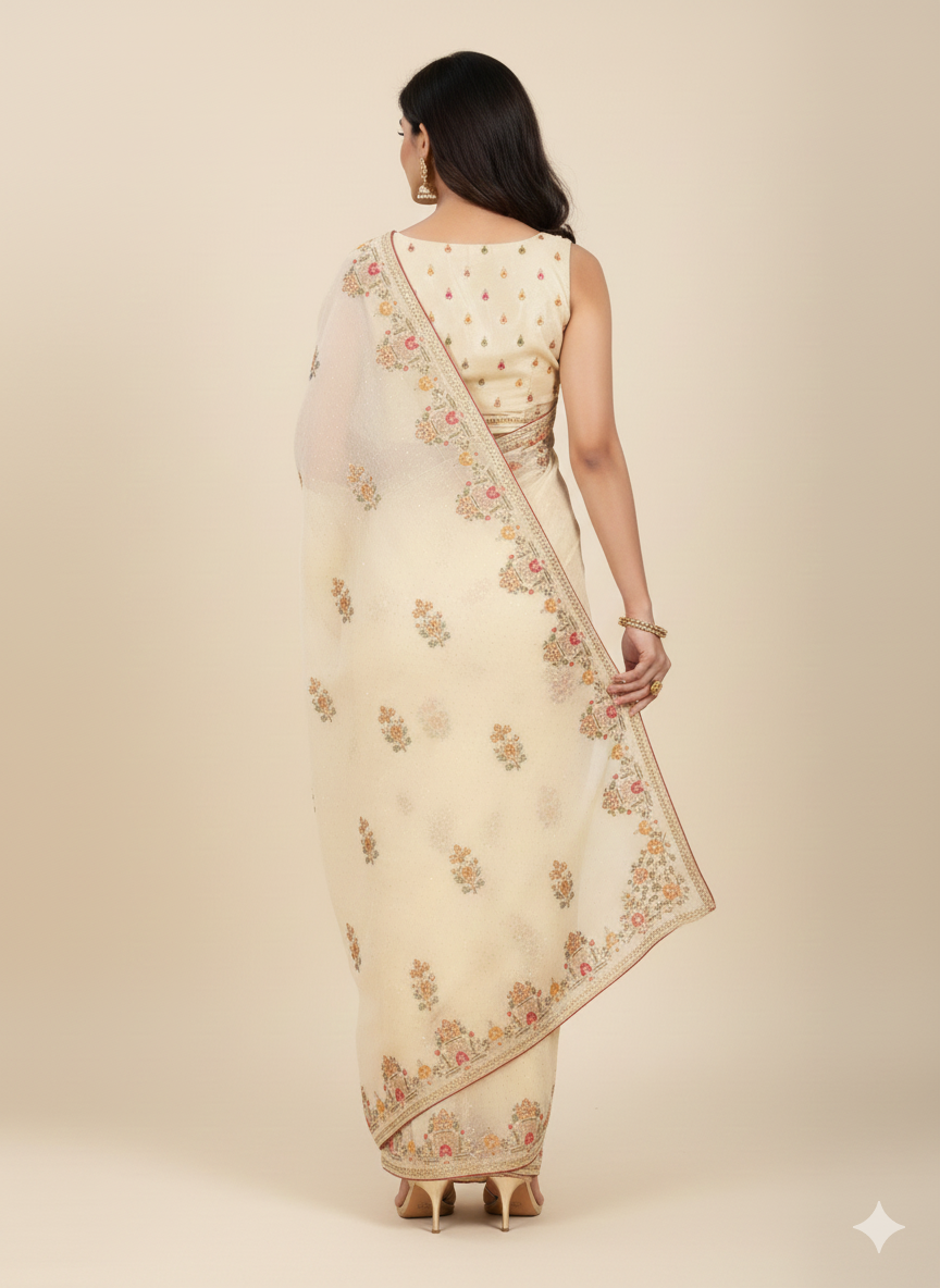 Light Cream/Beige Color Georgette Chiffon Saree, #39055