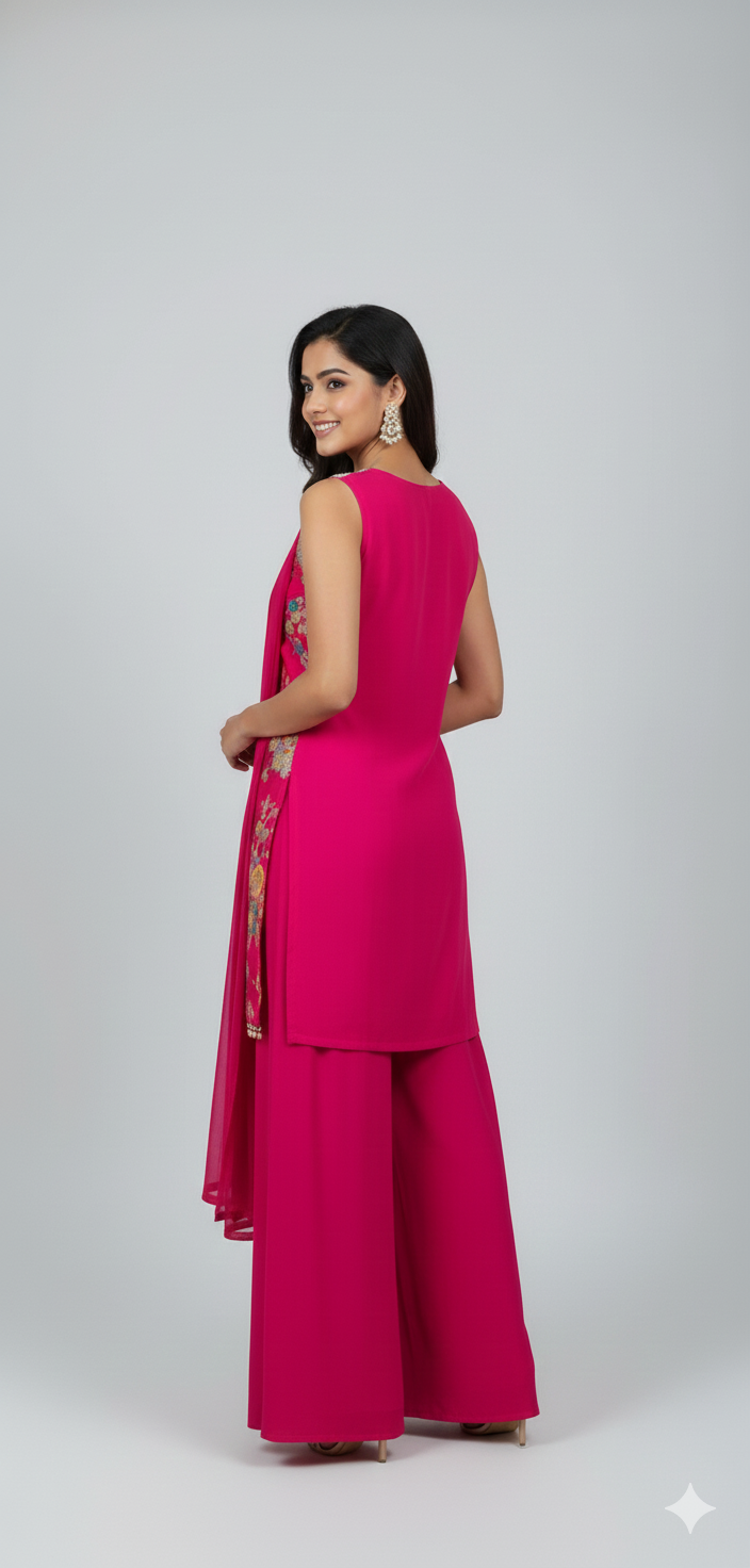 Rani Pink Silk Sharara Set with Multi-Thread Embroidery