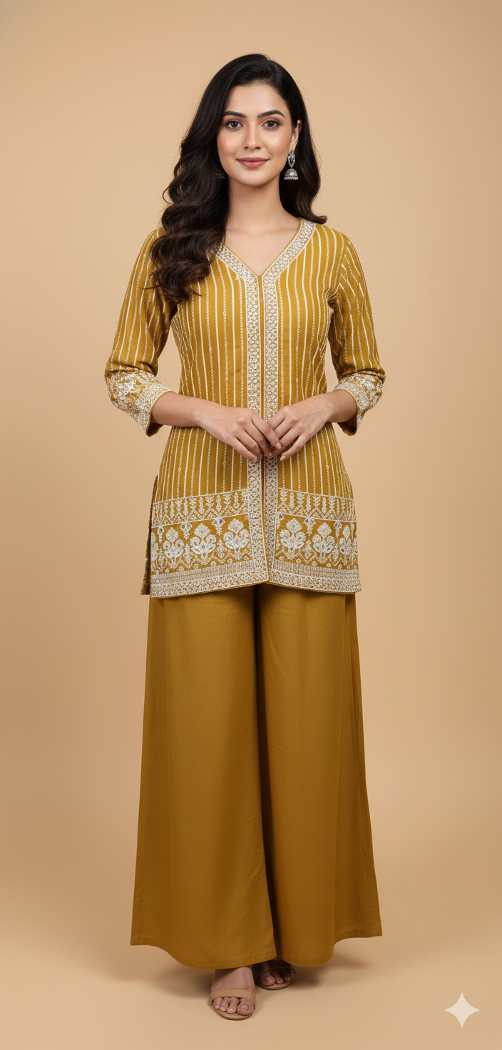 Golden Yellow Chinon Zircon & Thread Work Co-ord Set (Short Kurta & Palazzo) Gold