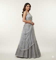 Chic Steel Grey Net Party Wear Lehenga Choli (Unstitched)