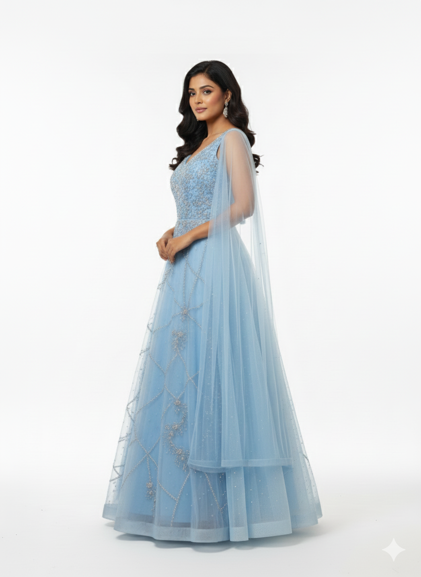 The Celeste Sky Blue Asymmetric Designer Gown