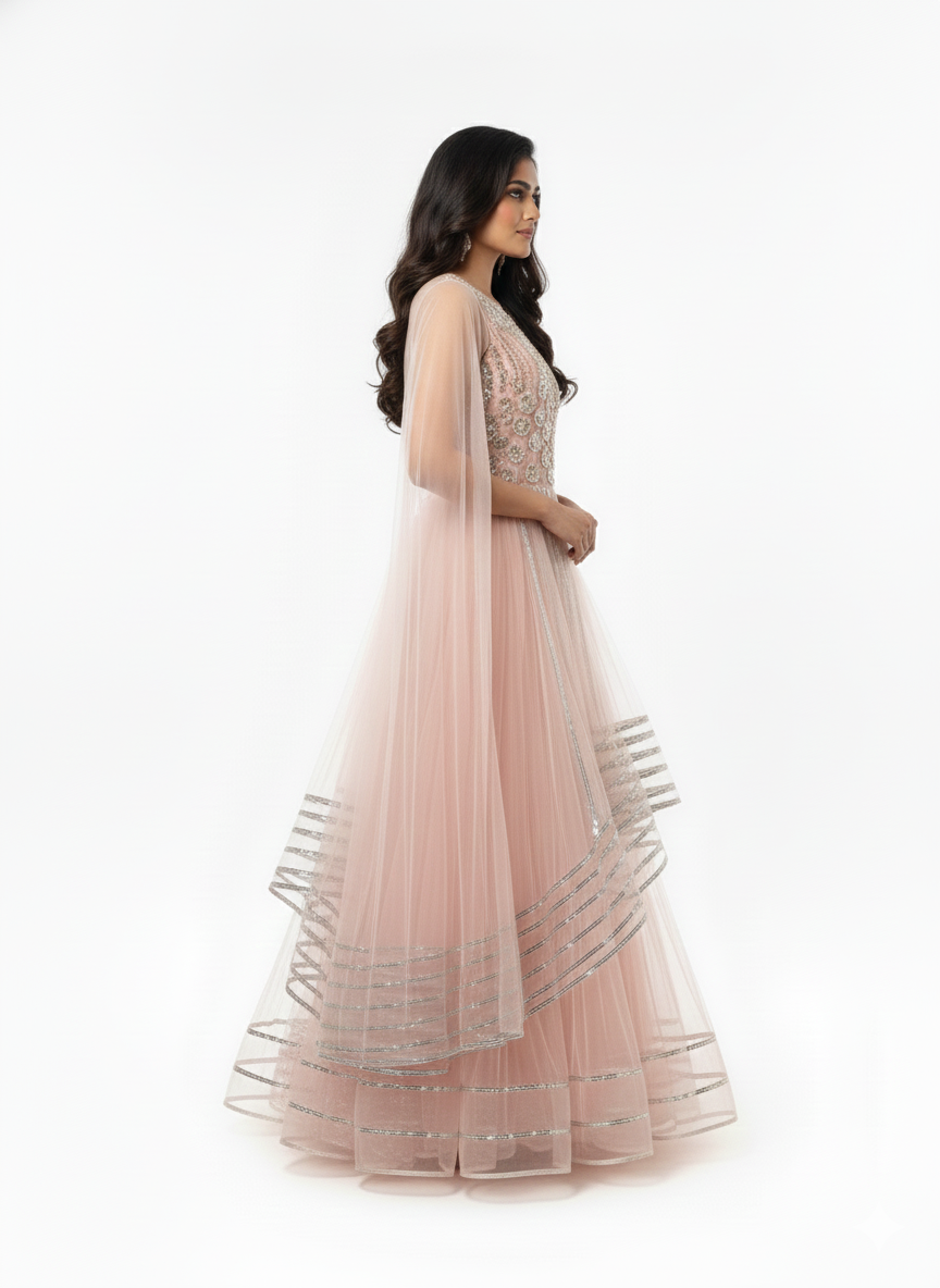 The 'Blush Petal' Embellished Organza Net Gown in Pinkish Peach Color