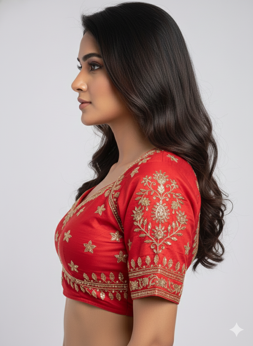 Elegant Red Cotton Silk Embroidered Blouse