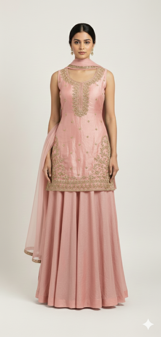 Elegant Onion Pink Art Silk Blend Lehenga Set with Intricate Handwork