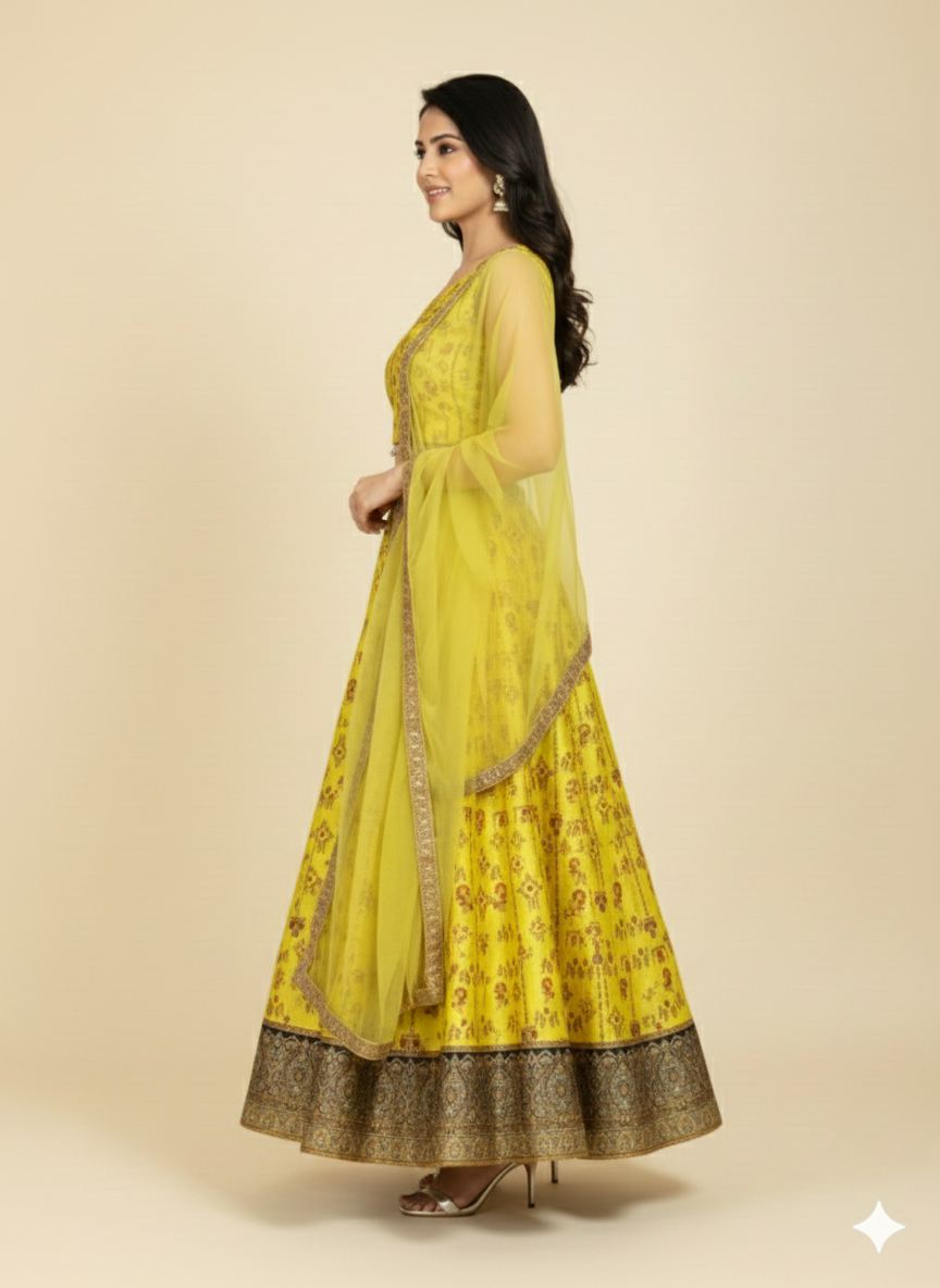 Bright Neon Yellow Printed Booty Art Silk Lehenga Crop Top Set-FREE SIZE