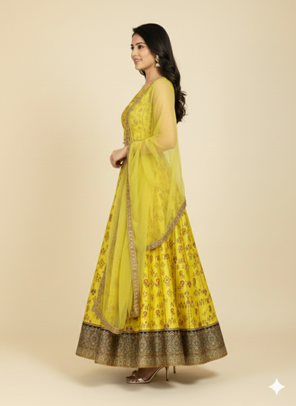 Bright Neon Yellow Printed Booty Art Silk Lehenga Crop Top Set-FREE SIZE