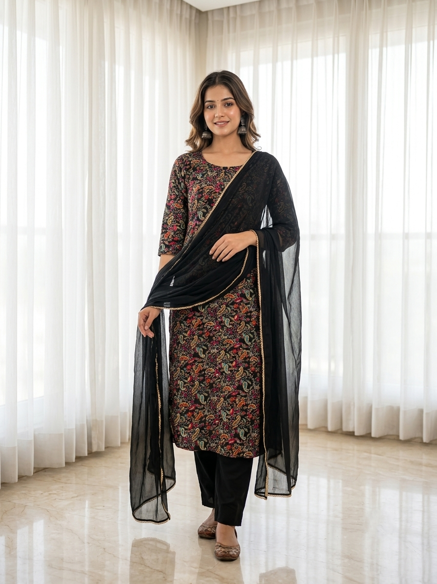 Midnight Black Floral Printed Mercerized Cotton Kurta with Pants & Solid Chiffon Dupatta Set