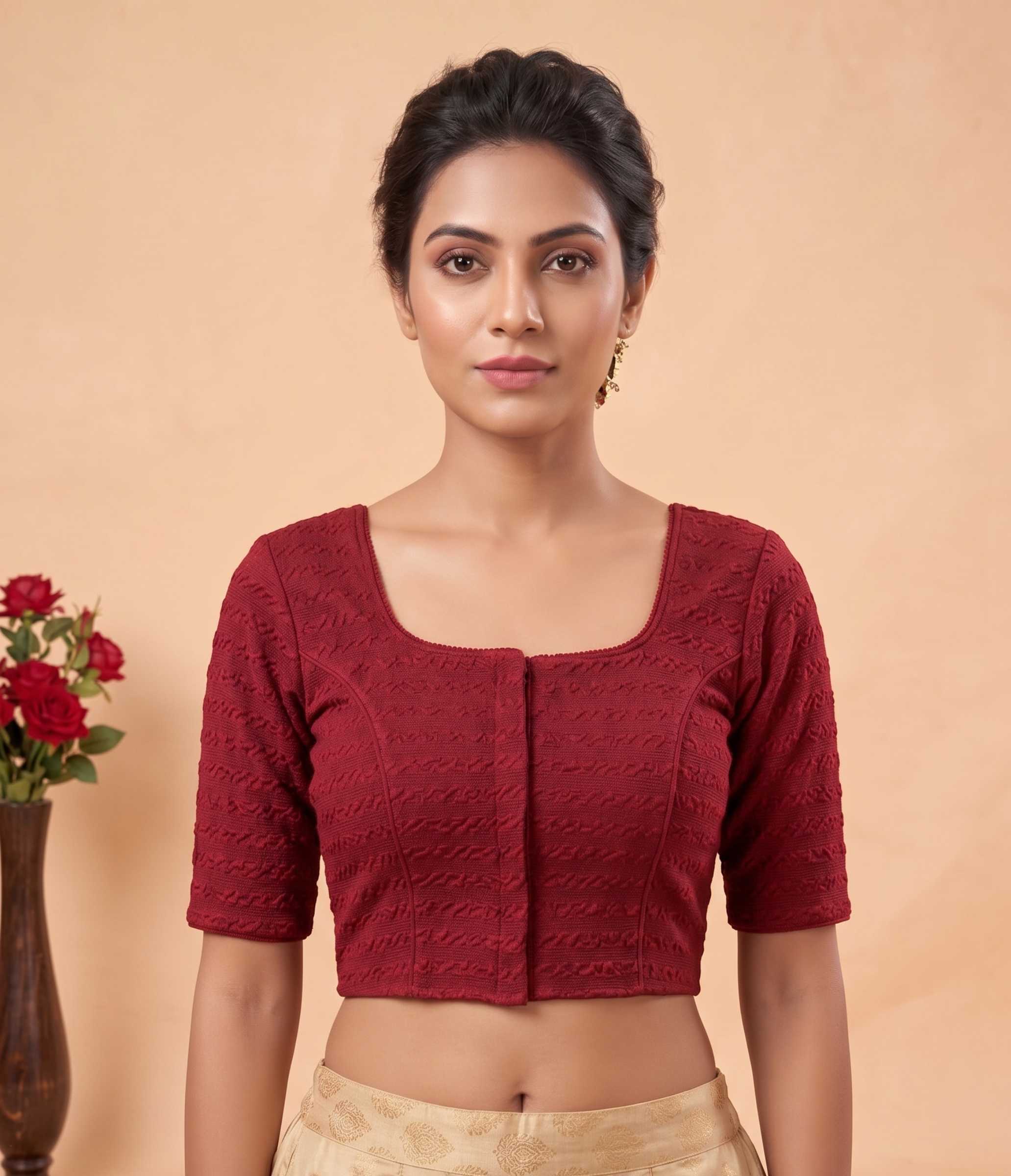 Trendzmy Women Woven Square Neck Cotton Blend Lycra Stretchable Readymade Saree Blouse Maroon