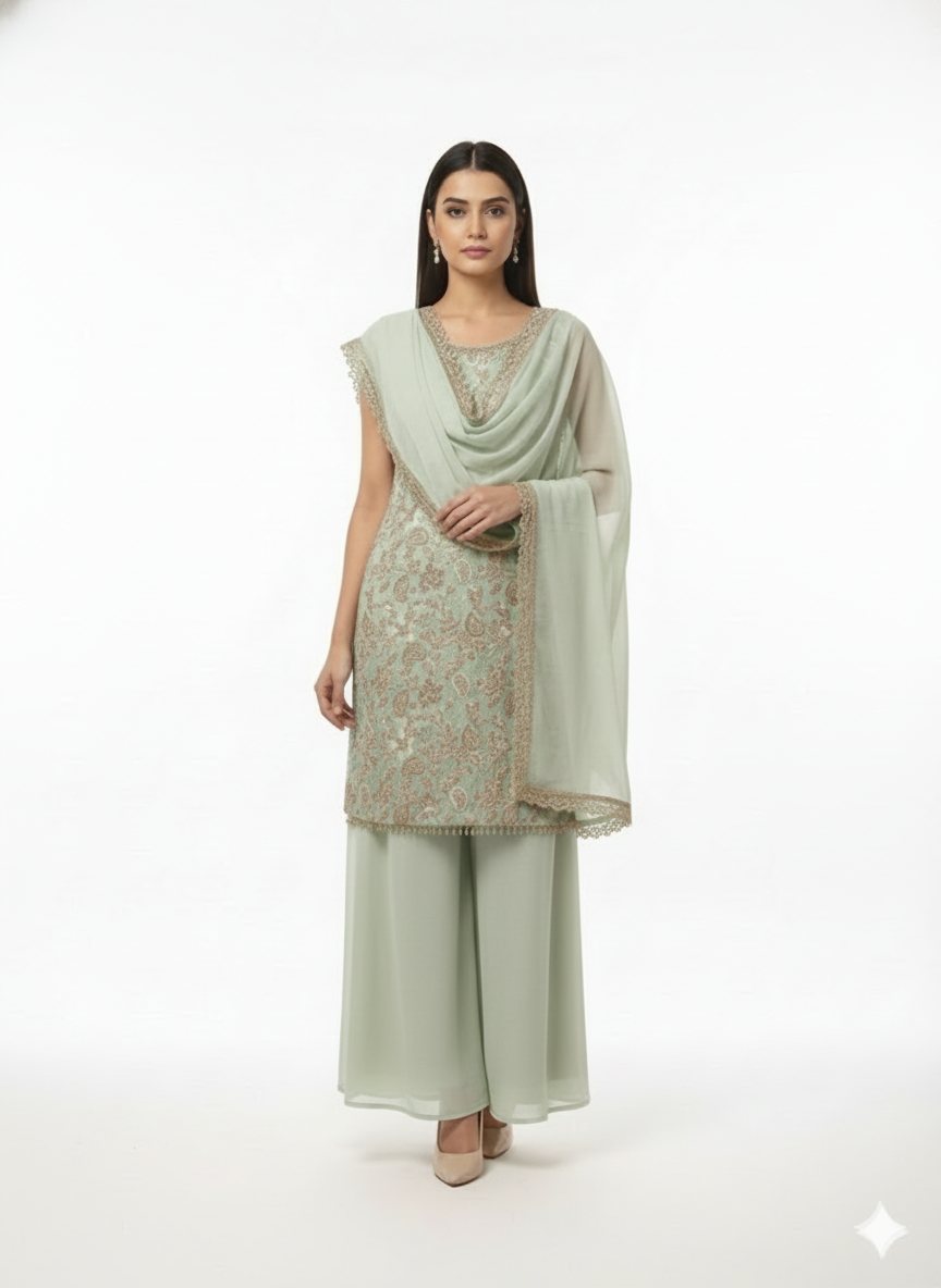 Pista Green Georgette Kurta Palazzo Set-FREE SIZE