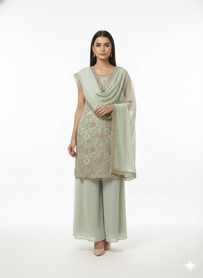 Pista Green Georgette Kurta Palazzo Set-FREE SIZE