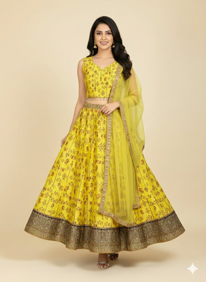 Bright Neon Yellow Printed Booty Art Silk Lehenga Crop Top Set-FREE SIZE