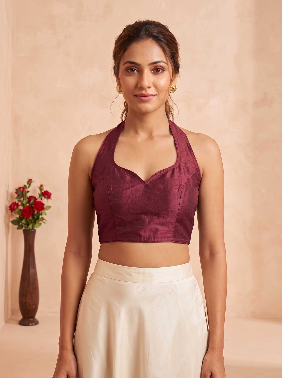 Women's Solid Halter Neck Stitched Blouse Berry Red(Wine)