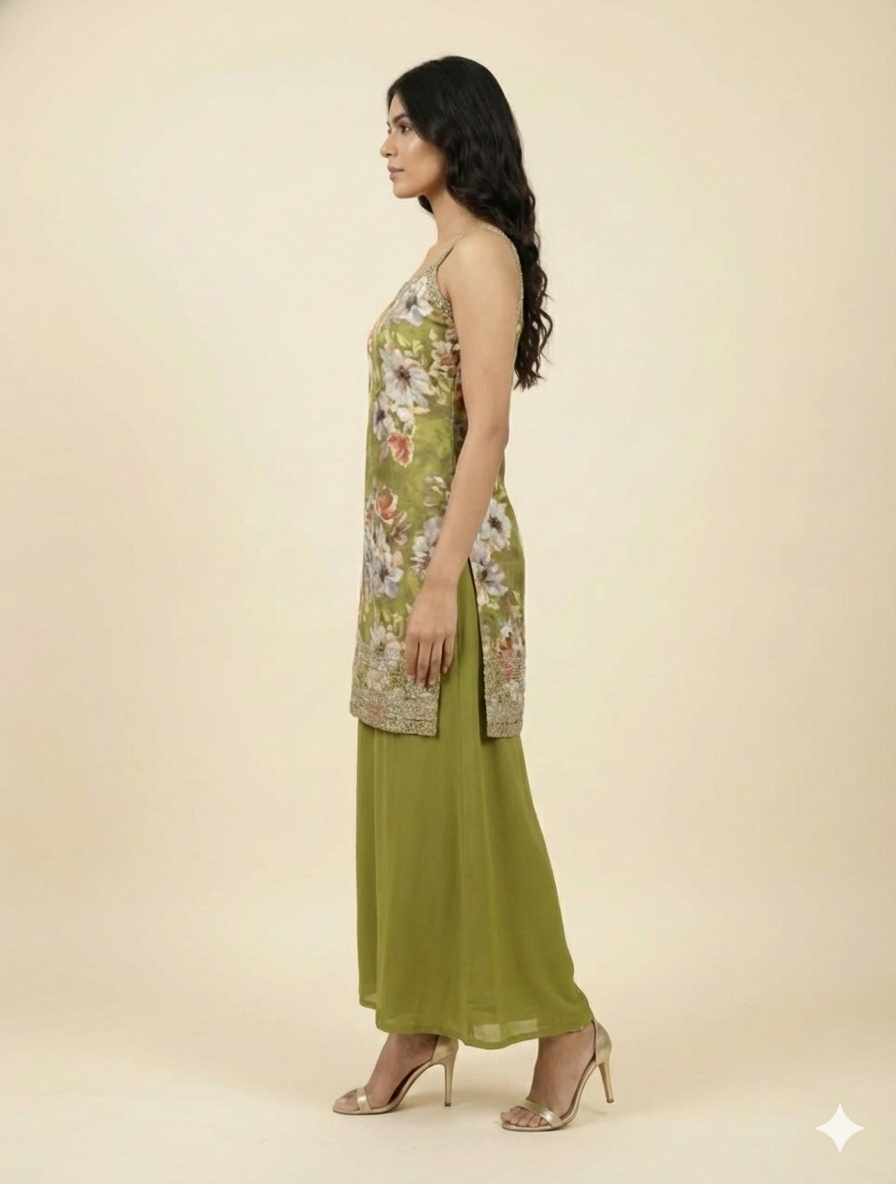 Floral Muslin Kurta Palazzo Set; Georgette Palazzo Set- FREE SIZE