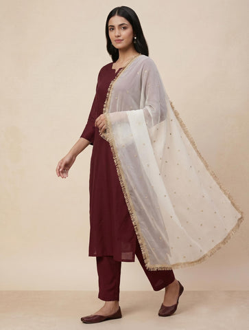 Elegant White Chiffon Dupatta with Muted Gold Sequin Butis and Fringe Lace Border