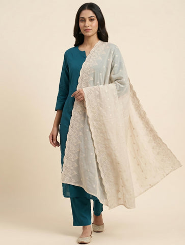 Premium Cream Pure Cotton Dupatta with All-Over Buti Thread Embroidery and Paisley Border