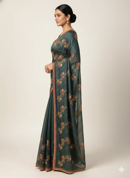 Regal Peacock Navy Blue Zimmi-Choo Saree, #40461