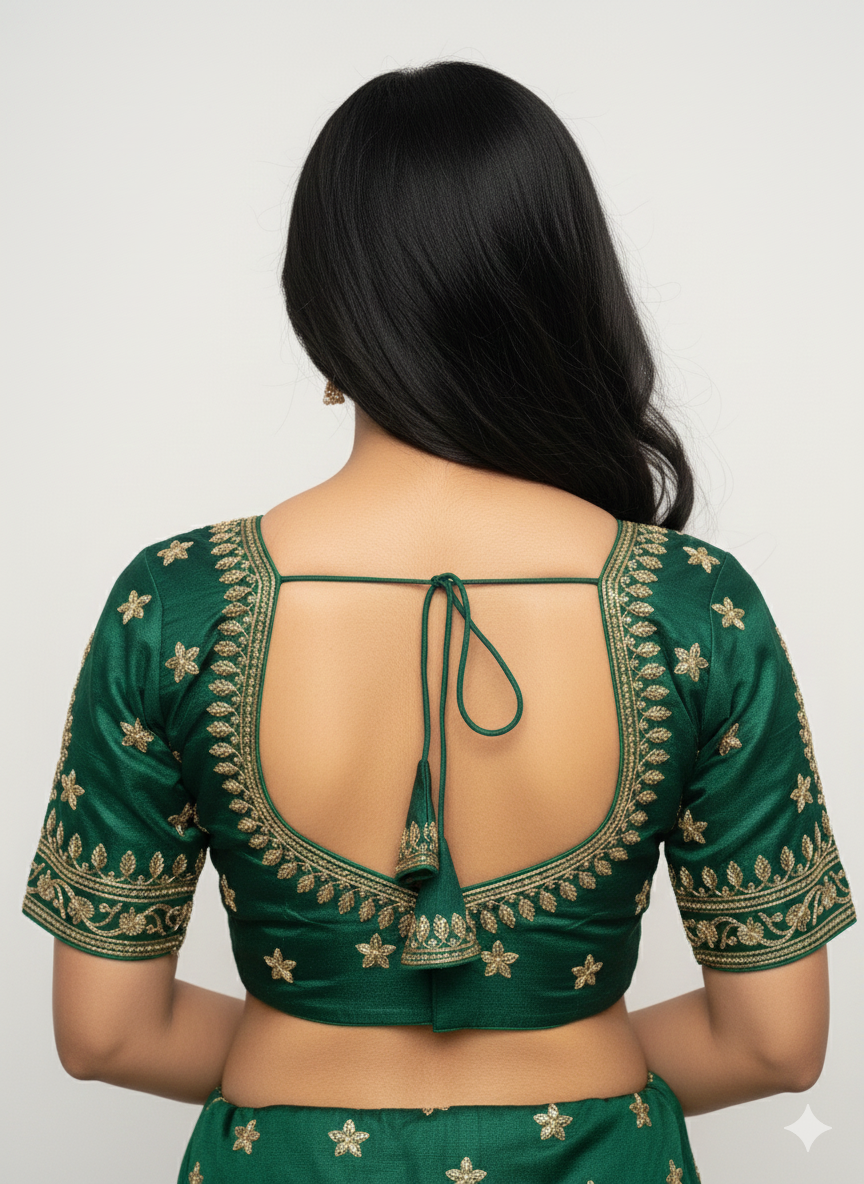 Dark Green Cotton Silk Embroidered Blouse