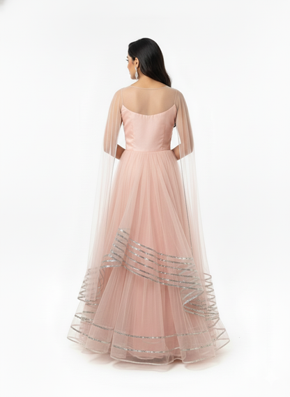 The 'Blush Petal' Embellished Organza Net Gown in Pinkish Peach Color