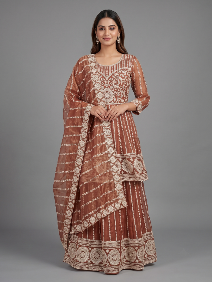 Premium Rust Brown Sharara Suit Set with Intricate Gold Zari Embroidery and Net Dupatta (3-Piece Set)