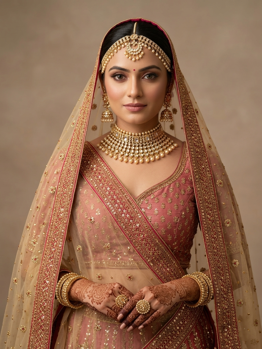 Luxe Golden Net Bridal Dupatta with Rani Pink Velvet Border