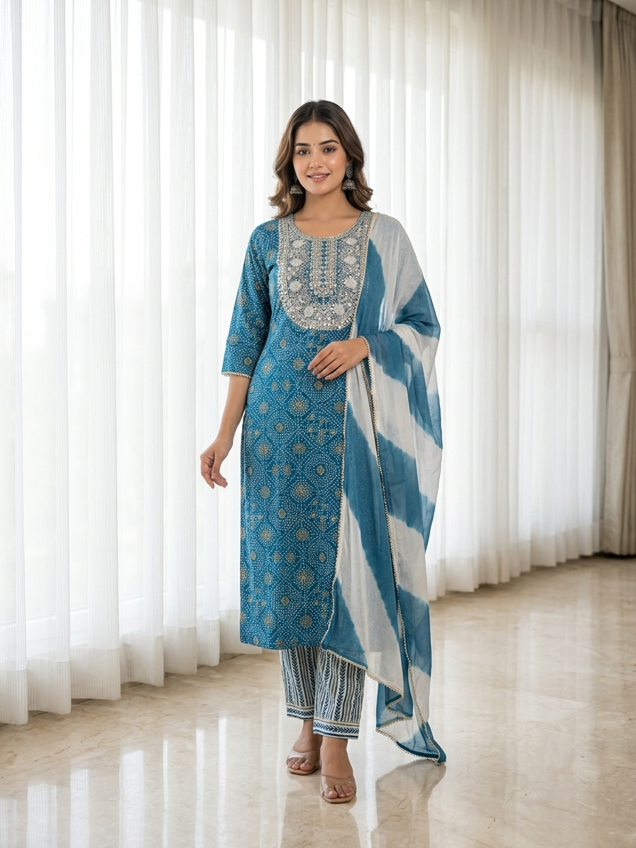 Ocean Teal Bandhani Mercerized Cotton Kurta Set with Mirror Work & Shibori Tie-Dye Chiffon Dupatta