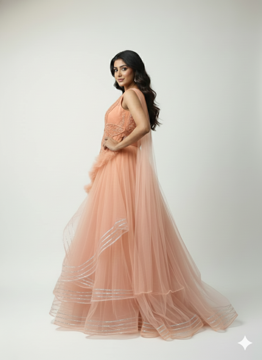 Ethereal Peach Net Tiered Gown with Attached Cascade Dupatta