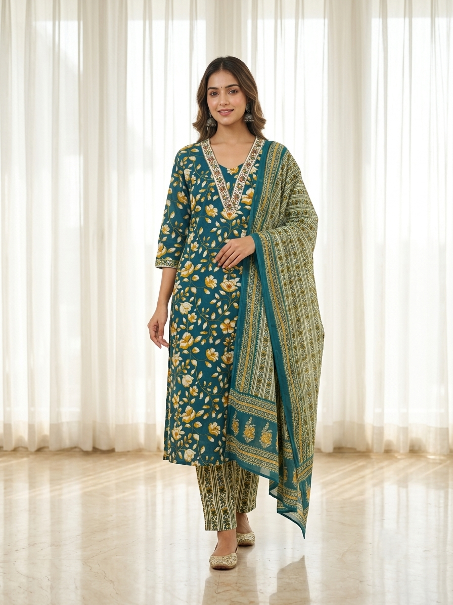 Teal Blue & Mustard Floral Print Pure Cotton Kurta, Pant & Dupatta Set