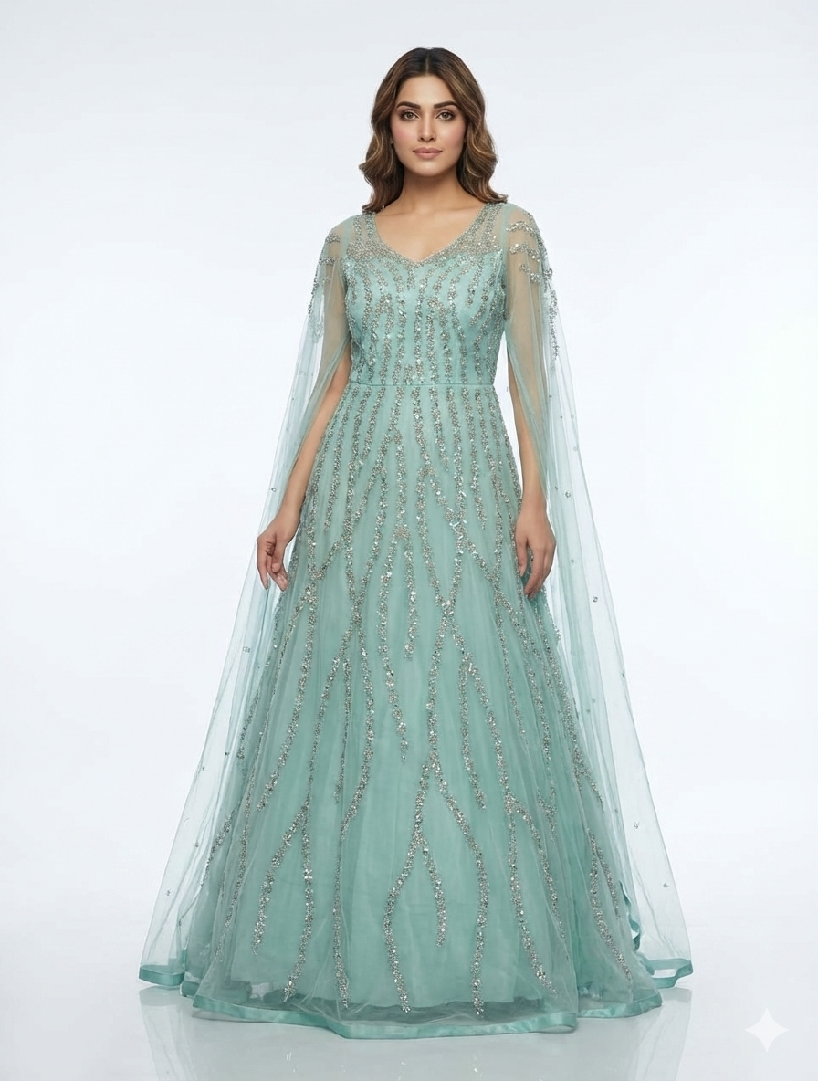 Ethereal Seafoam Green Hand-Embellished Net Gown