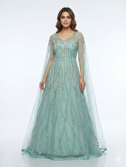 Ethereal Seafoam Green Hand-Embellished Net Gown