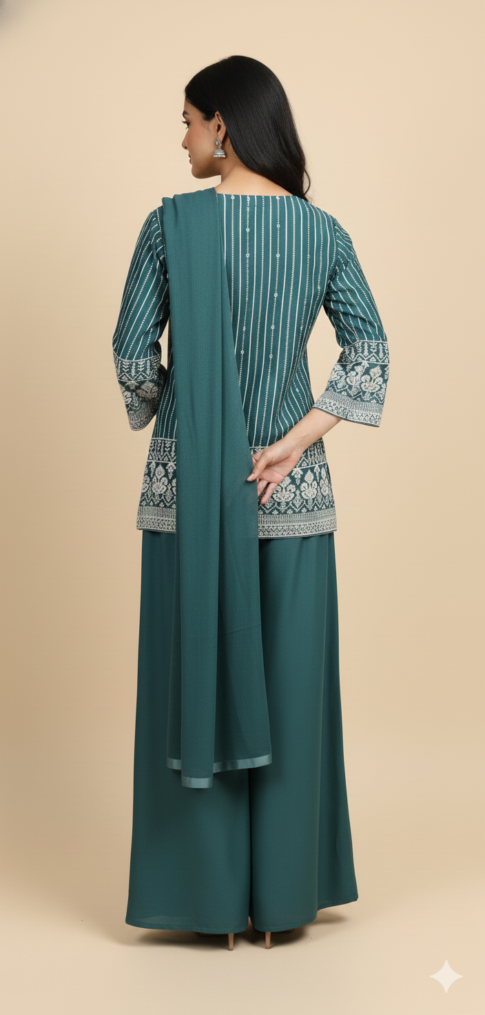 Teal or Deep Turquoise Blue Chinon Zircon & Thread Work Co-ord Set (Short Kurta & Palazzo)