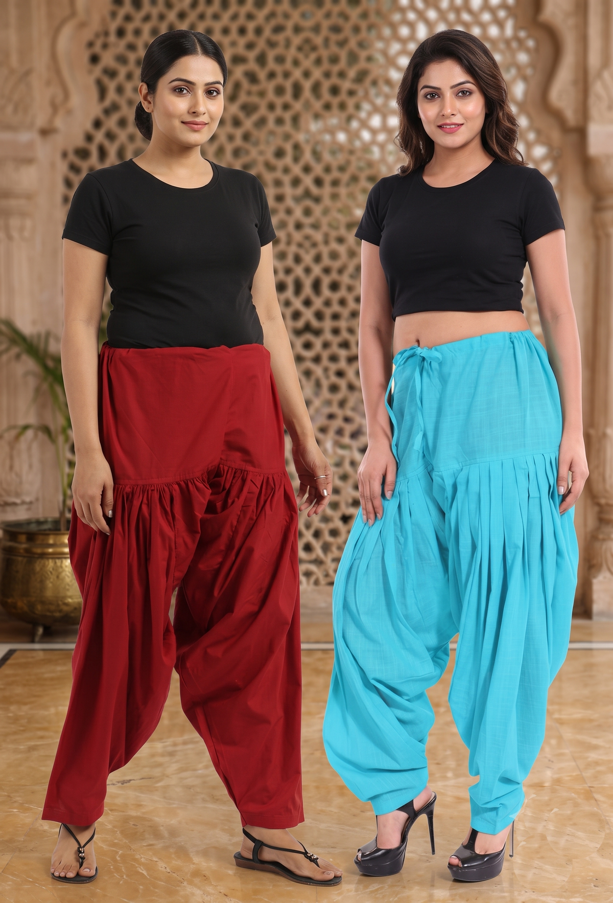 Women & Girl's Ethnic Premium Pleated Patiala Salwar in Maroon & Sky Blue-Pack of 2 Free