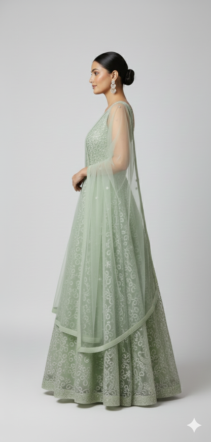 Stitched Pista Green Net Partywear Gown (M Size)