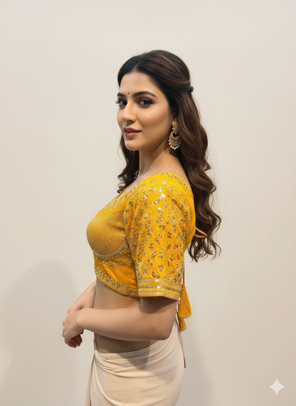 Yellow Cotton Silk Embroidered Blouse