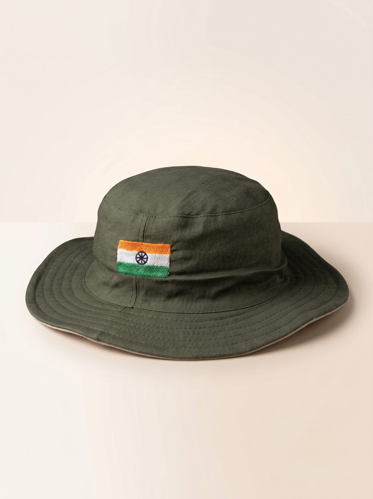 Indian Flag Embroidered Cotton Boonie Hat – Olive Green Wide Brim Sun Hat