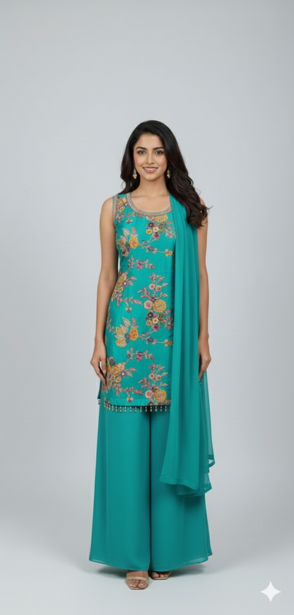 Firozy Silk Sharara Set with Multi-Thread Embroidery