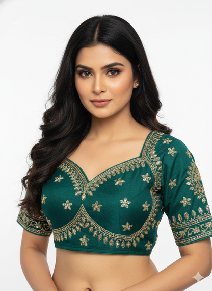 Mungia Green Cotton Silk Embroidered Blouse