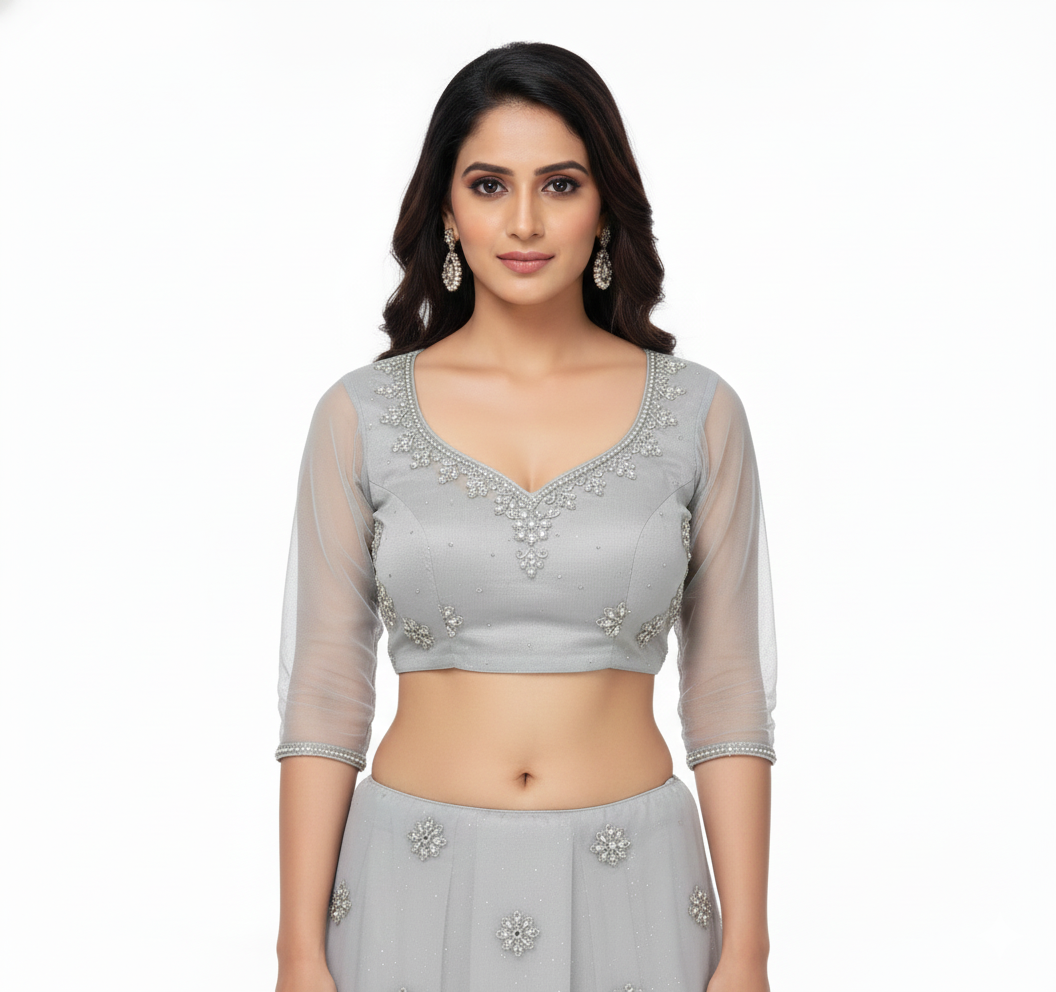 Chic Steel Grey Net Party Wear Lehenga Choli (Unstitched)