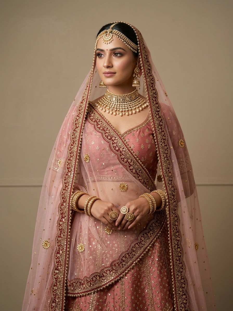 Blush Pink Net Bridal Dupatta with Kundan Motif Work & Scalloped Cutwork Border | TrendzMy