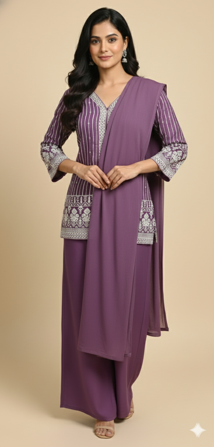 Purple Chinon Zircon & Thread Work Co-ord Set (Short Kurta & Palazzo)